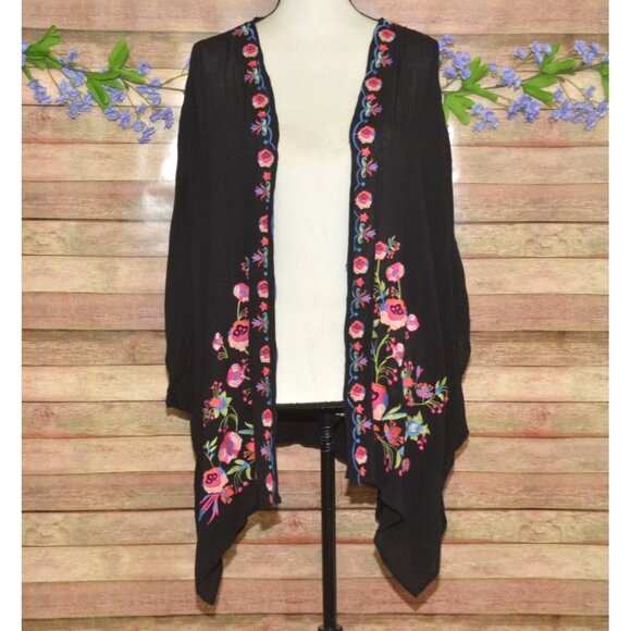 Umgee Womens Black Open Front Floral Embroidered Cardigan Cover Up Size M/L - Picture 1 of 12